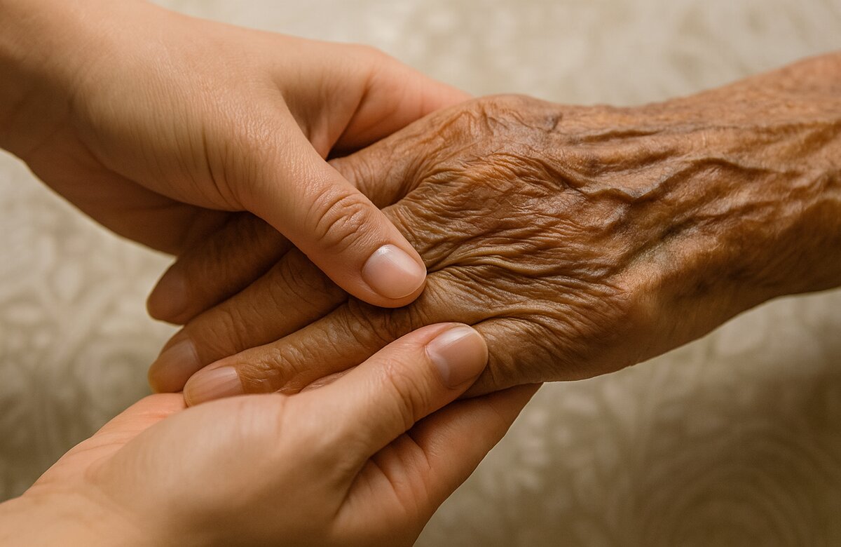 Twee handen houden een oude hand vast