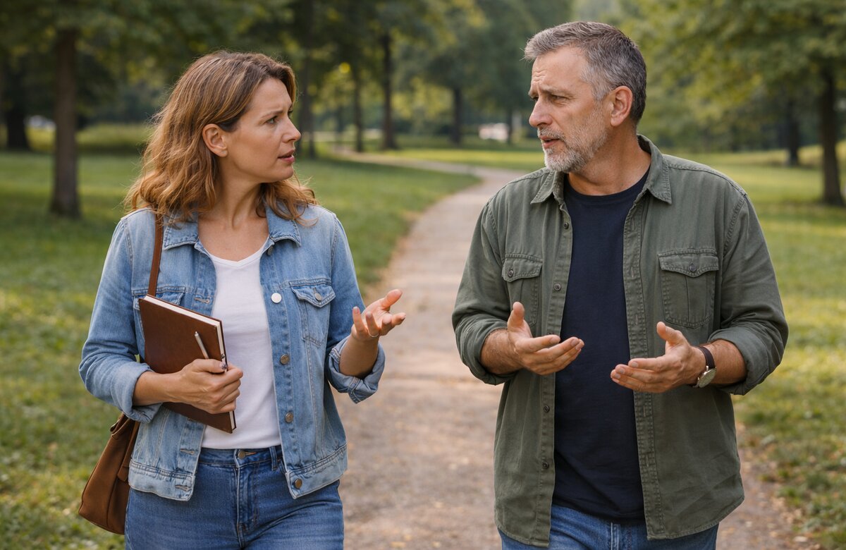 Vrouwelijke therapeut wandelt met mannelijke cliënt