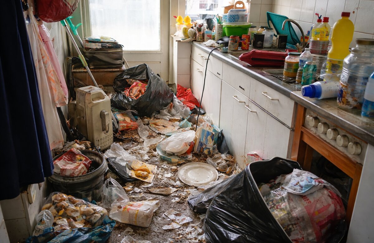 Vervuilde keuken met rommel