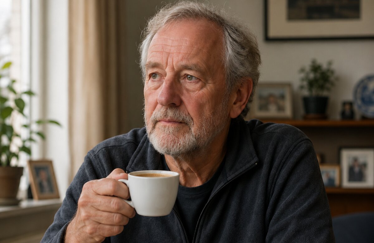 Peinzende oudere man met koffie